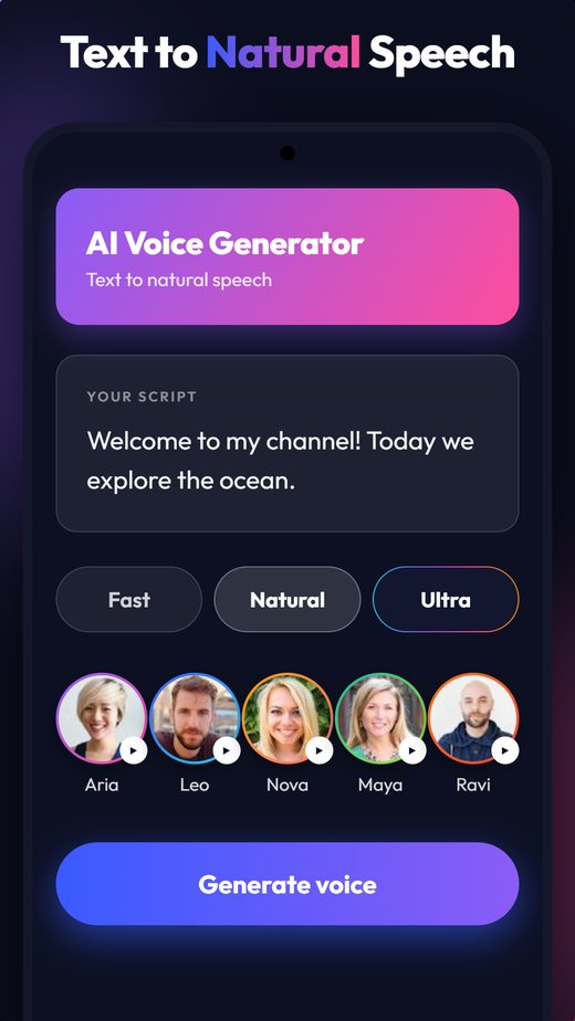AI voice generator home screen — paste your script and generate