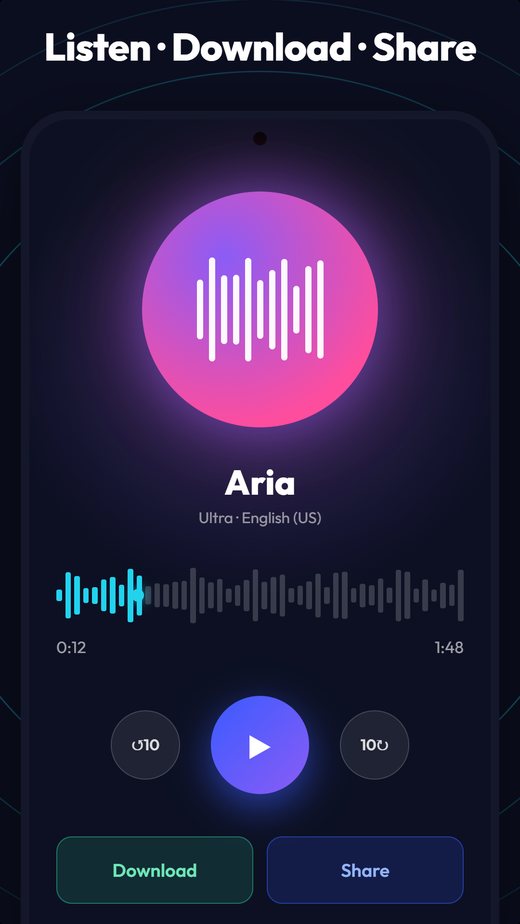 Listening to the generated voice, then downloading or sharing it